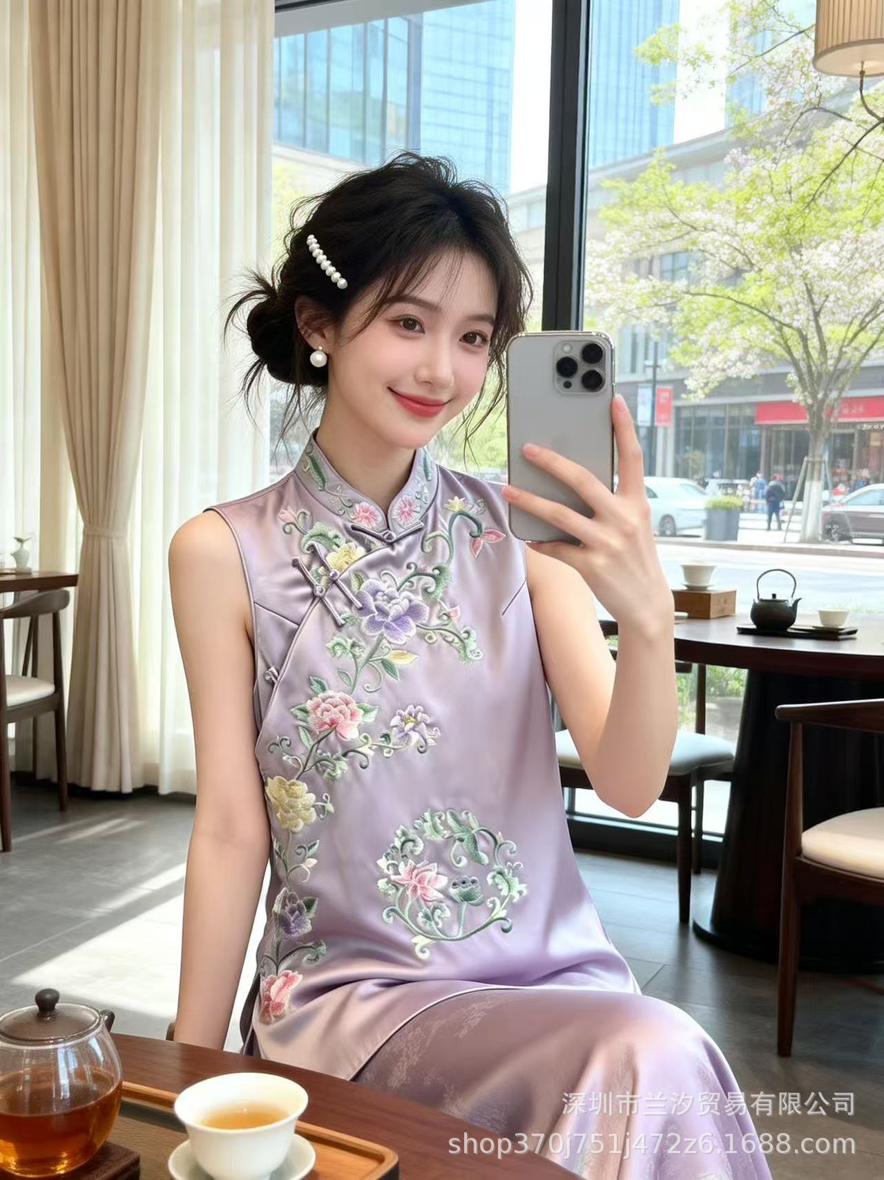 9007 New Chinese-Style Improved Floral Suzhou Embroidery Acetate Small Qipao