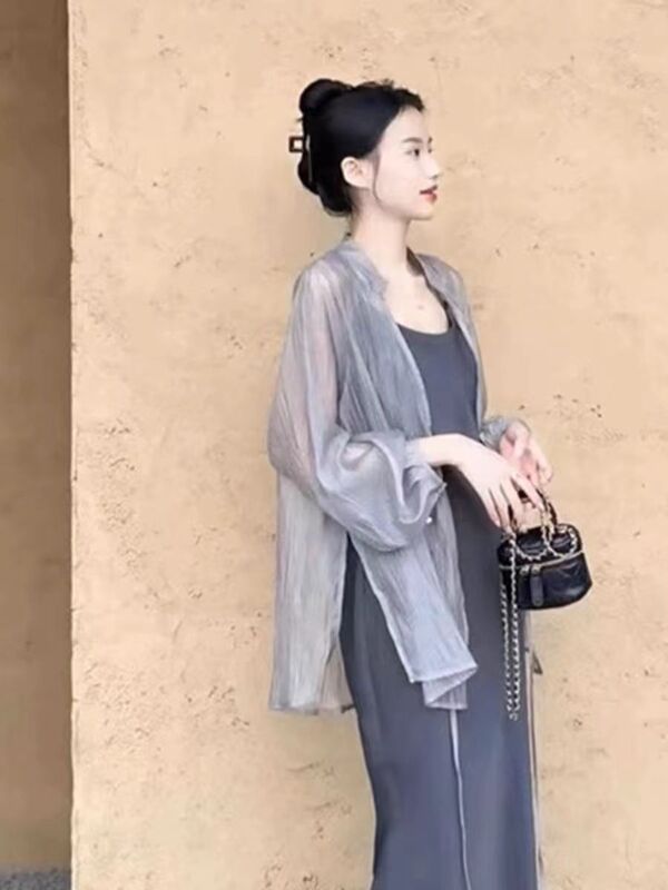 Beach Tencel Sun Protection Shirt for Women, Long-Sleeve Shawl, Summer Loose Air-Conditioning Cover-Up, Cardigan, Ice Silk Top, Thin Jacket
