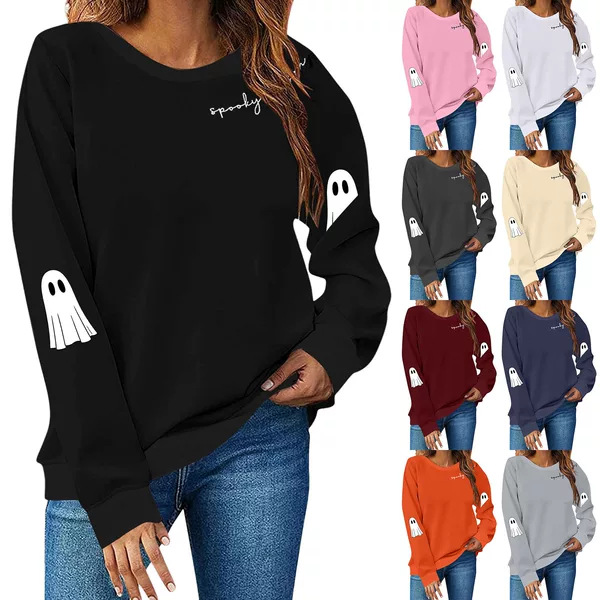 European Size S-3Xl Cross-Border Amazon Halloween Ghost Printed Round Neck Sweatshirt Fleece-Lined Casual Sports Long-Sleeved Women