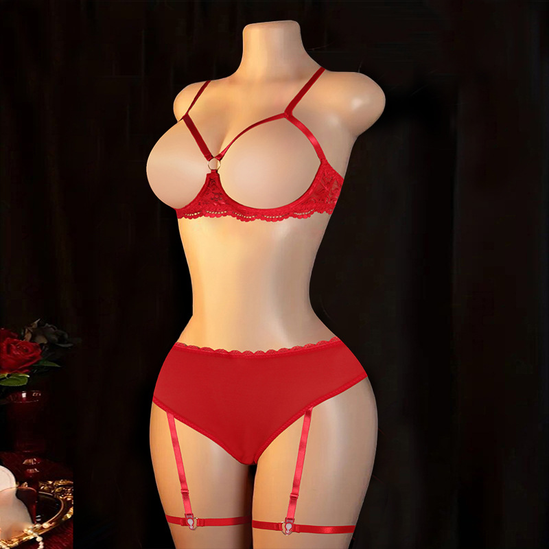 오픈 컵 브라 + 가터 메쉬 브리프 + 레그 링