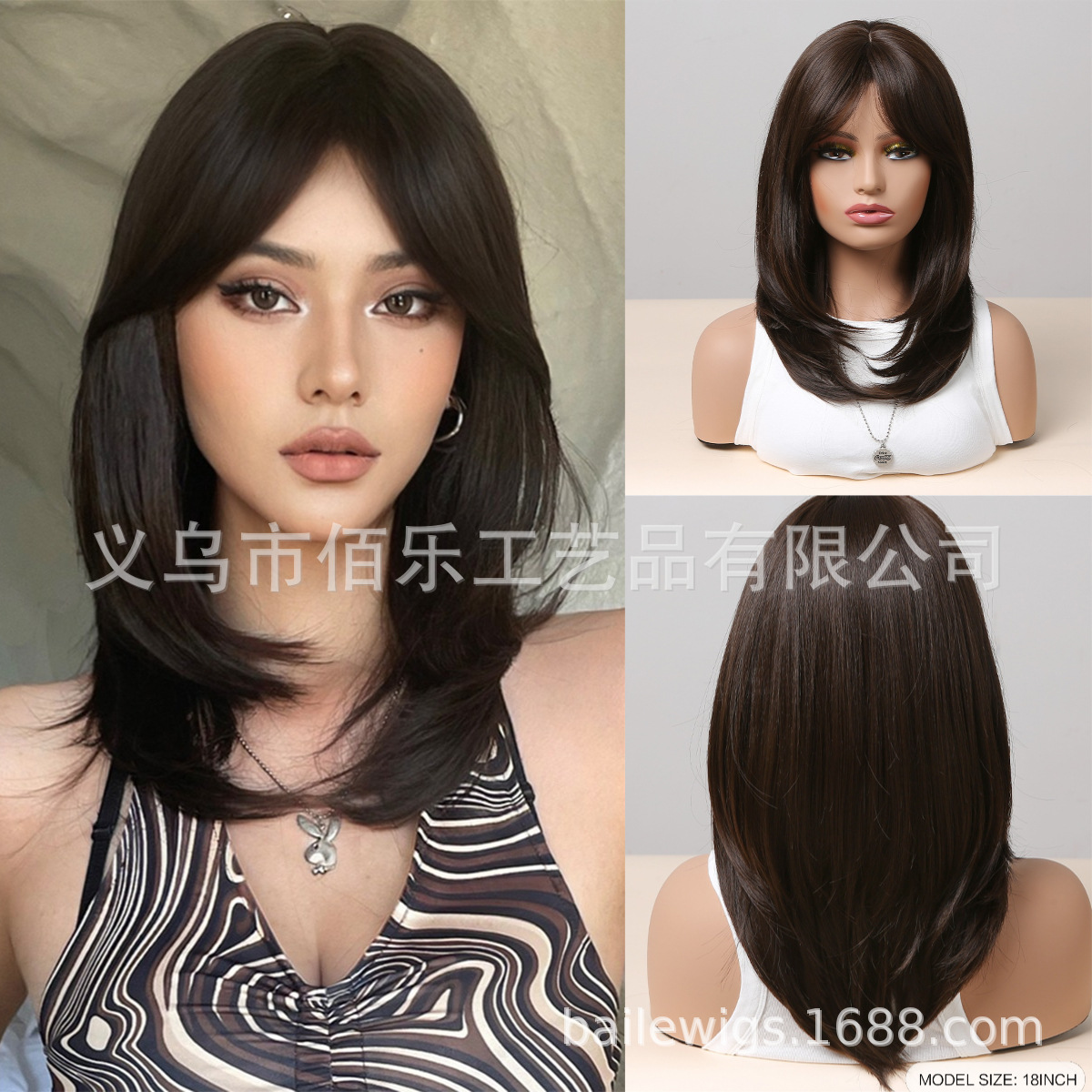 Nuevo negro Rosa flequillo larga recta gradiente de pelo fibra química SEDA NATURAL peluca femenina tocados pelucas fabricante en stock image 26