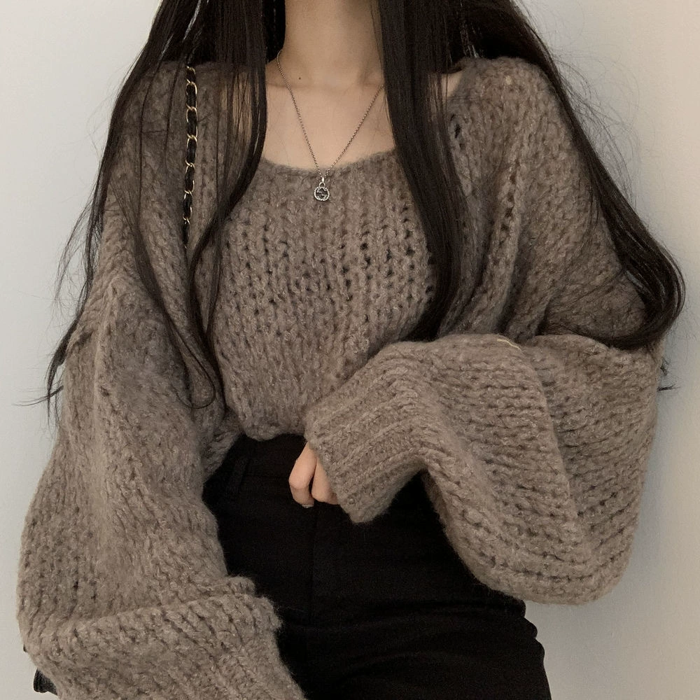 Корейский чик осень дикие конфеты цвета кожи пуловер свободная толстая нить рукава фонарь вязаный свитер женский