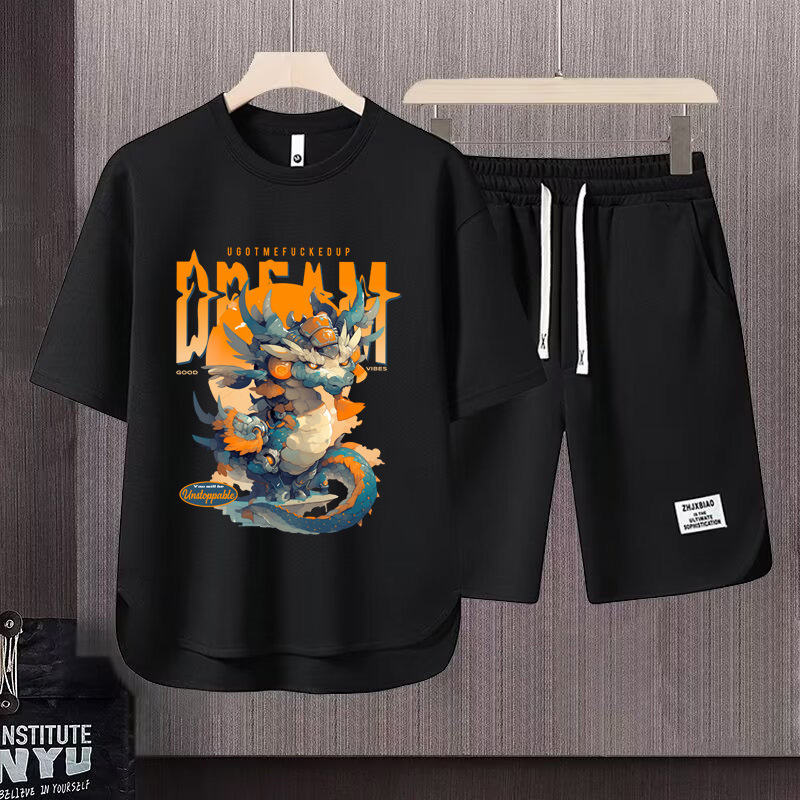 Men's Clothing 2024 Waffle Casual Summer Suit Men's Loose Teen Short sleeved T shirt Shorts Handsome Two piece Suit_desvips.com