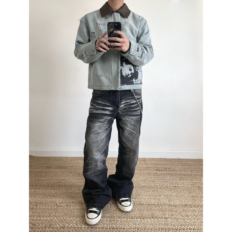 Men's Clothing Distressed Vintage Washed Black Jeans Loose Straight Leg A-Line Fit Men's Denim_voghion.com