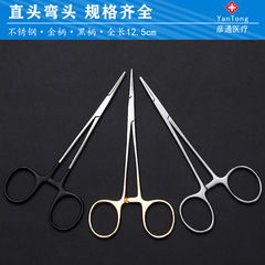 Beauty and Plastic Surgery Instrument 12.5cm Hemostatic Forceps with Gold and Black Handles, Straight and Curved Double Eyelid Tool