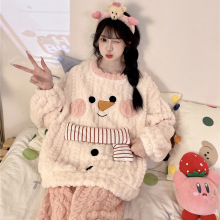 新款珊瑚绒睡衣女冬季卡通可爱加绒加厚家居服圆领保暖可外穿套装
