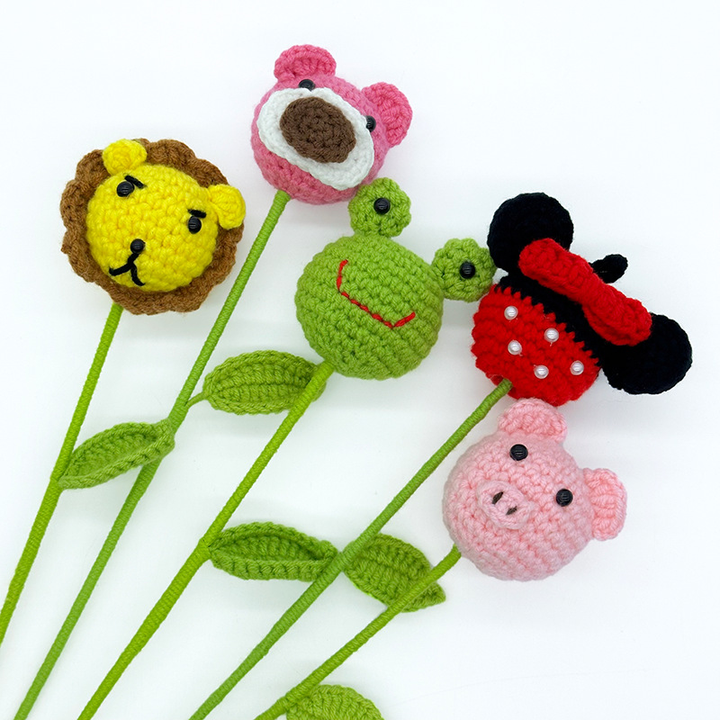 Ramo de Flores Artificiales con Cabeza de Animal Terminada, Flores de Ganchillo Hechas a Mano, Decoración del Hogar, Ramo Creativo de Animales de Dibujos Animados, Ramo de Cerdos image 4