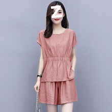 高端套装夏季新款女装大码洋气减龄休闲亚麻短裤两件套工厂直销