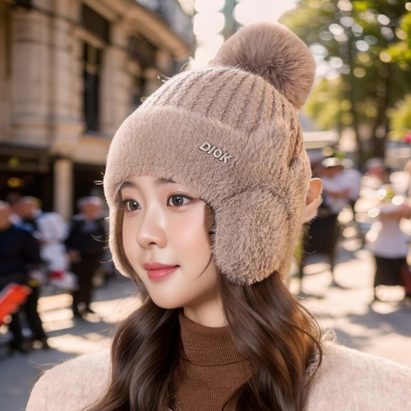 秋冬季女士加绒加厚护耳毛线帽子保暖时尚百搭简约毛球针织帽潮|undefined