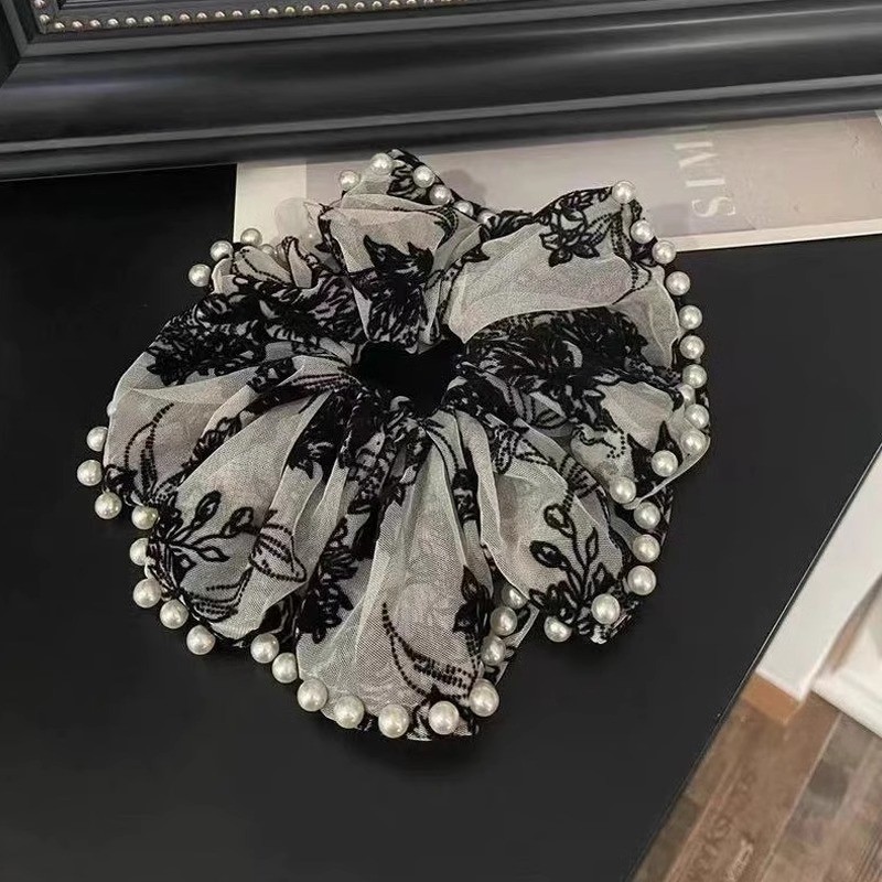 Xianqi blanco, falda de doble capa, lunares, anillo para el cabello de intestino grueso, nuevo cabello coreano de gran tamaño, bola baja, cuerda para el cabello, accesorios para el cabello perezosos