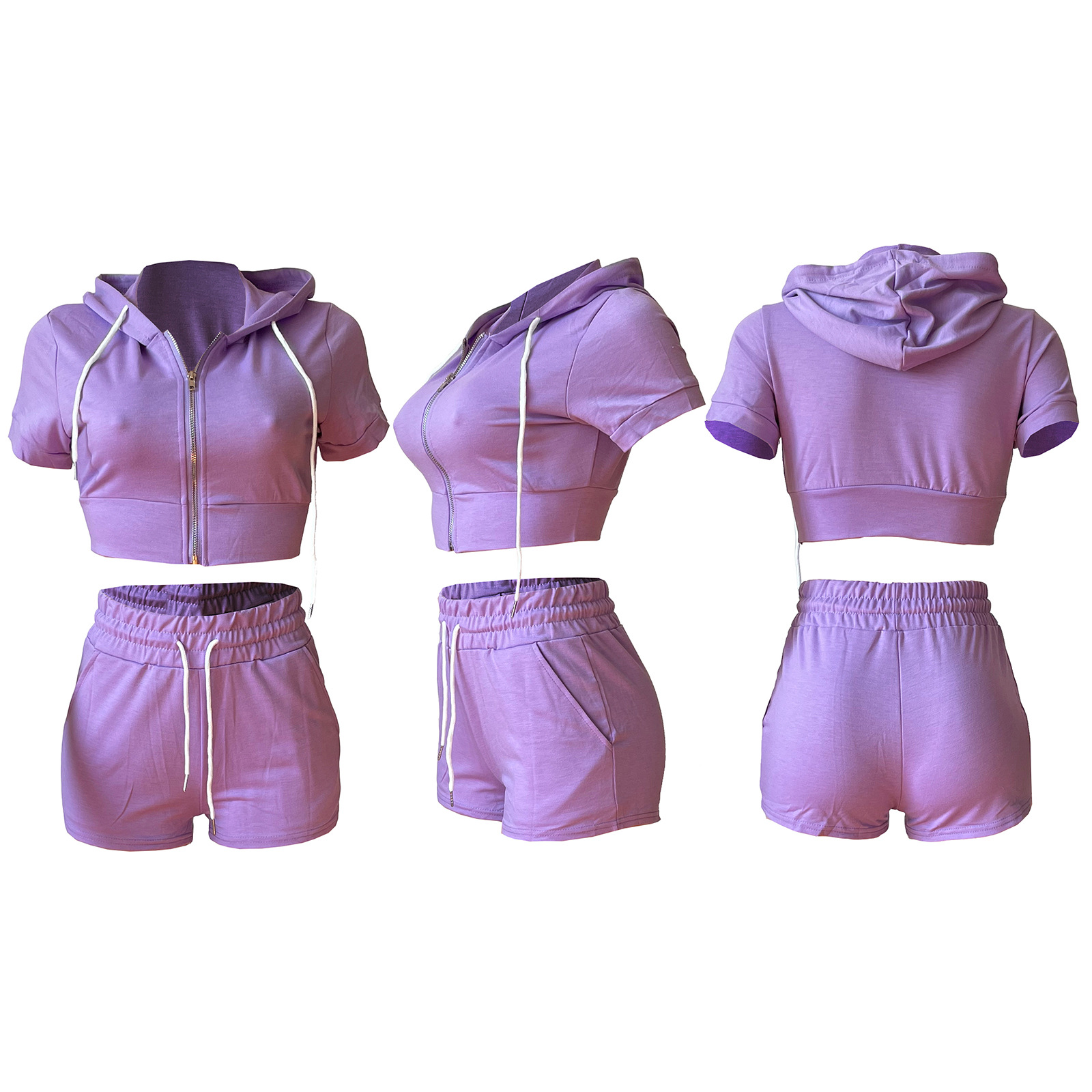 Conjunto de dos piezas con capucha, top corto y cremallera de color liso y cárdigan con cremallera para mujer