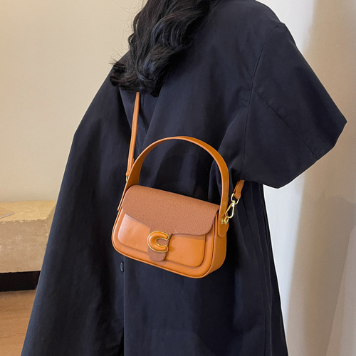 韩版小众时尚手提包包女2024新款简约撞色休闲小方包高级感斜跨包