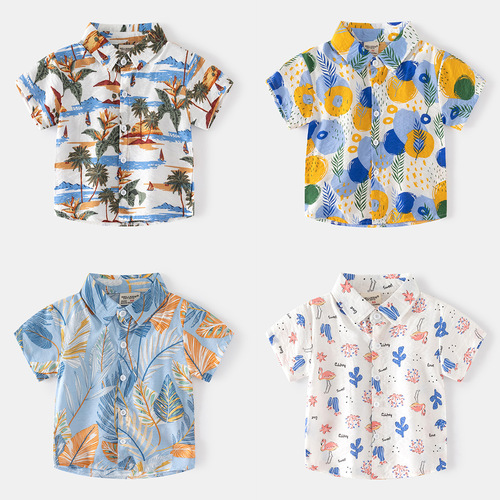 2023 new summer beach resort style boys' short-sleeved trendy lapel children's fashion pattern shirt