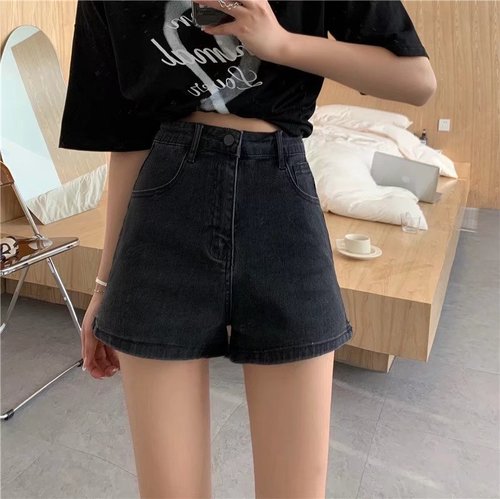 Denim shorts for women, summer thin hot pants, black high-waisted slimming shorts for small people, slit wide legs, a-line hot pants