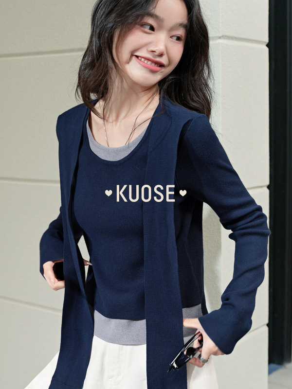 阔色藏蓝色假两件披肩针织衫女秋季新款设计感长袖毛衣上衣春|undefined