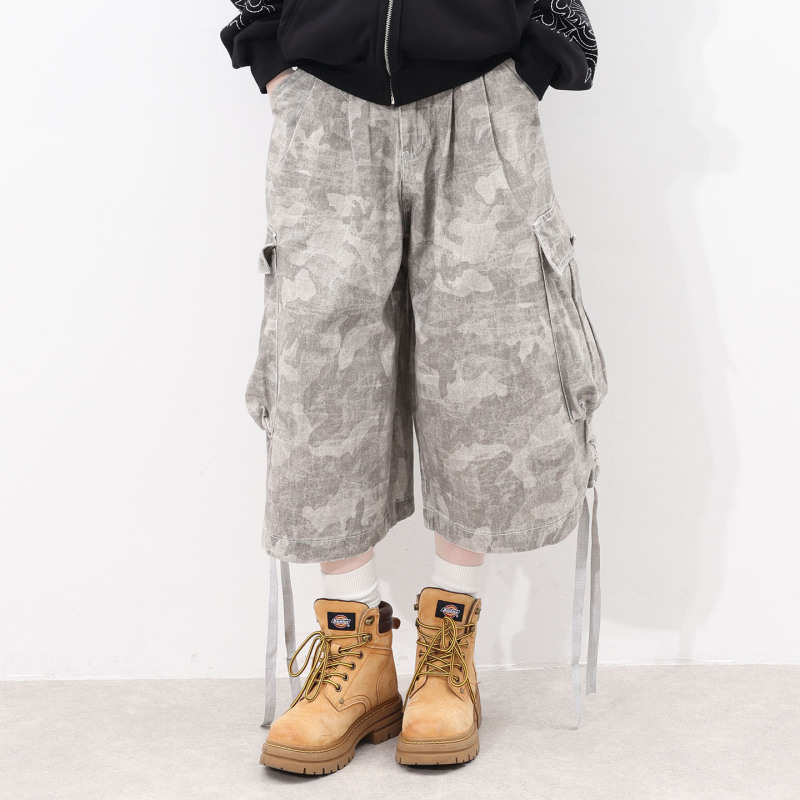 Yechuan # Camouflage Gray Heavy-Duty Pocket Drawstring Three-Quarter Straight-Leg Work Pants Summer High-Waisted Loose Wide-Leg Mid-Length Pants Yechuan # Camouflage Gray Heavy-Duty Pocket Drawstring Three-Quarter Straight-Leg Work Pants Summer High-Waisted Loose Wide-Leg Mid-Length Pants