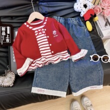 新款女童春秋时尚条纹假两件上衣加蕾丝绣花牛仔裤两件套女宝套装