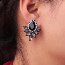 欧美韩版耳环饰品速卖通货源 黑色花形镶钻耳钉厂家批发直销