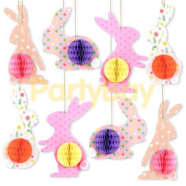 「莱蒎复活节新品」HAPPY EASTER蜂窝兔子挂饰装饰品 兔子串拉旗