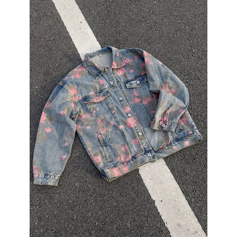 Men's Clothing Unisex Floral Print Denim Jacket Spring Autumn Trendy Designer Collared Workwear Jacket American High Street Style_voghion.com