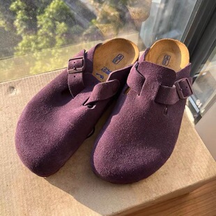 Purple Birkenstock Shoes for Women 2025, Genuine Leather Cork Sole, Thick Sole, Closed-Toe Birkenstock Half-Slippers, Retro Style