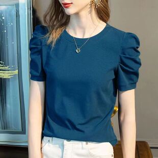 Cotton Summer 2025 New Short-Sleeved Shirt Women's Round Neck T-Shirt French Puff Sleeve Style Top Women's Fashion