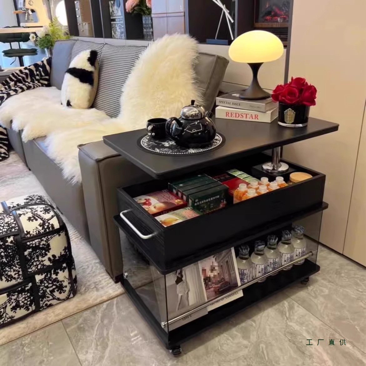 All Solid Wood Movable Adjustable High-End Coffee Table Sofa Side Table Living Room Home Second-Hand Side Table Trolley Storage Rack