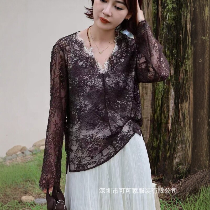 French-style V-neck lace top for women, 2026 spring/autumn new collection, slightly sheer long-sleeved design, elegant and lightweight base layer