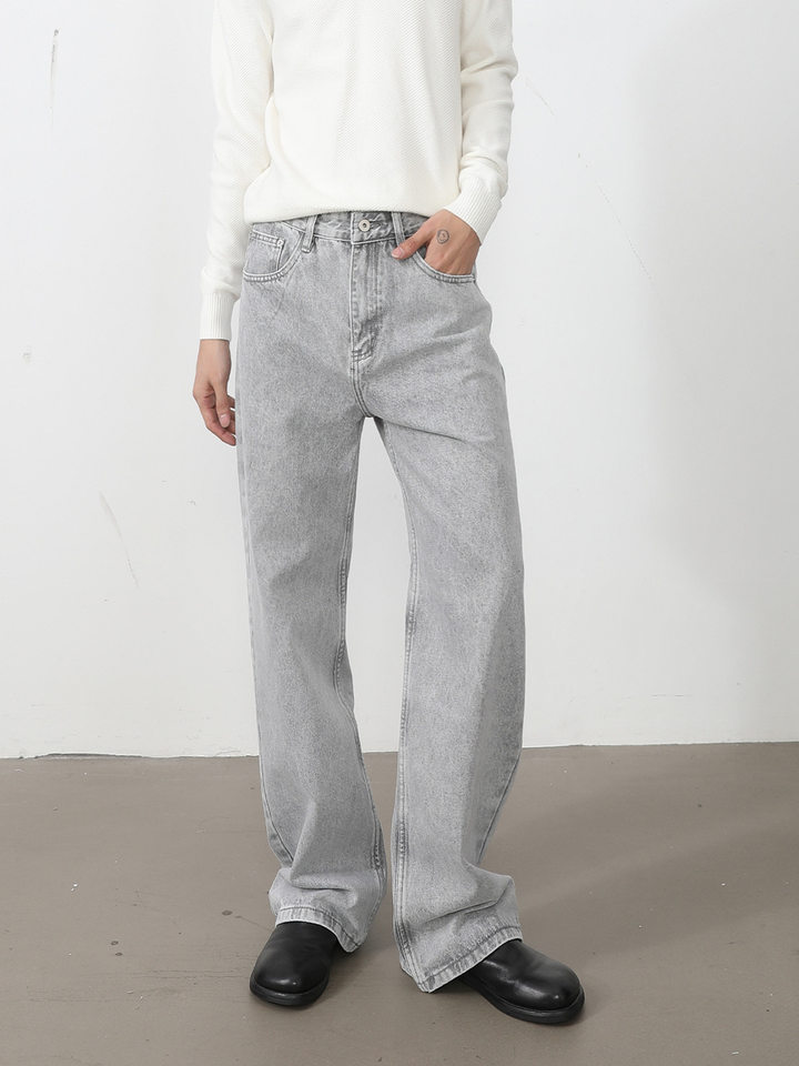Quần jean nam ống rộng dáng suông thoải mái kiểu Mỹ, vải denim xử lý giặt mài, lưng trung, dài quần — Xanh da trờicolor, Xám đen, màu xám nhạt chi tiết 13