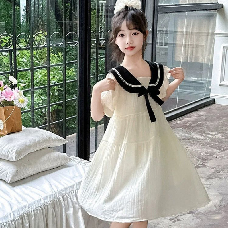 Girls Summer Dress 2025 New Summer Dress Girls Fashion Navy Style Short Sleeve Princess Dress Children's Dress Summer