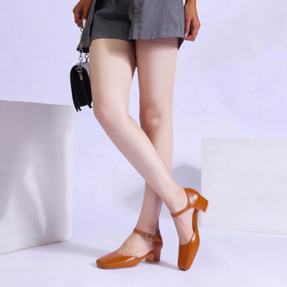 Giày cao gót nữ mũi vuông cổ điển gót thô 3–6 cm quai ngang hở mu bàn chân — bạc, màu mơ, màu nâu, màu đỏ chi tiết 12