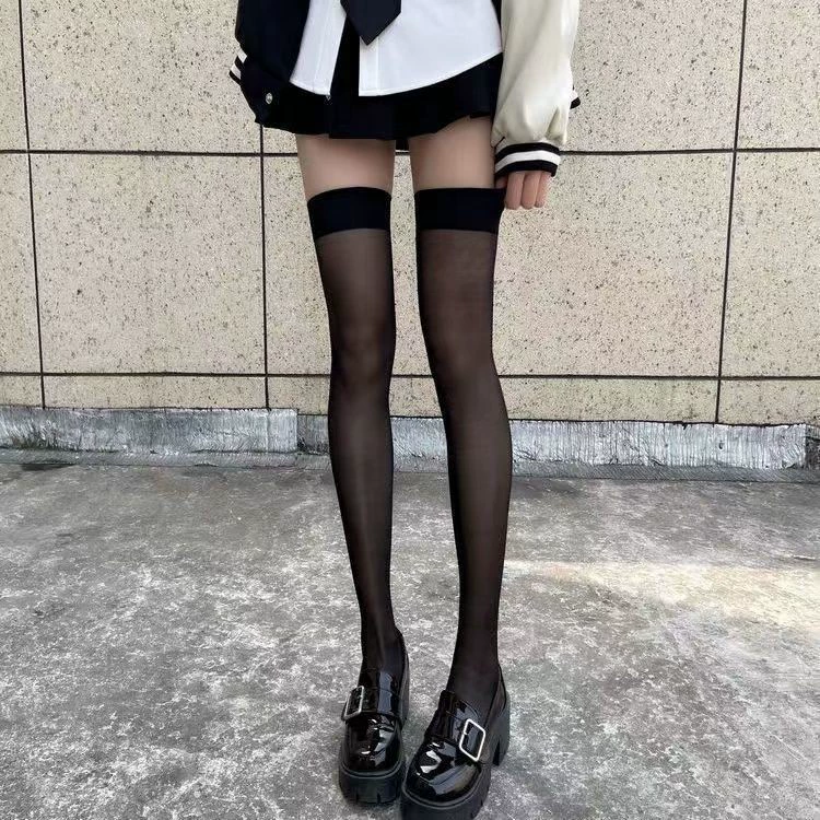 Гольфы до колена прозрачные, женские тонкие чулки с контрастной резинкой и силиконовым верхом, один размер