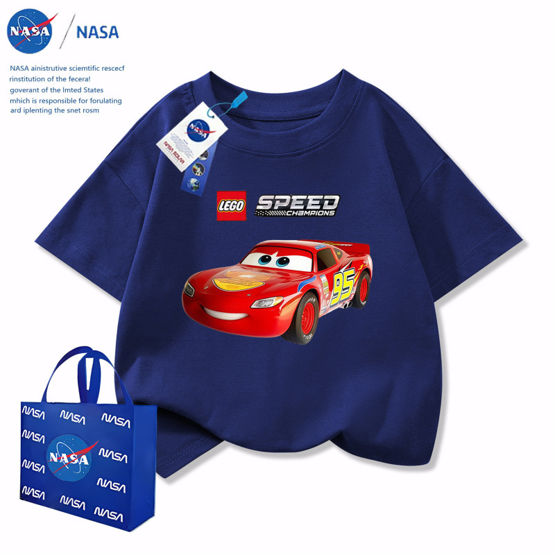 Nasa Children's Pure Cotton T-Shirt Boys' Round Neck Clothing Collaboration with Cars Lightning Mcqueen Racing Series Top Nasa Children's Pure Cotton T-Shirt Boys' Round Neck Clothing Collaboration with Cars Lightning Mcqueen Racing Series Top