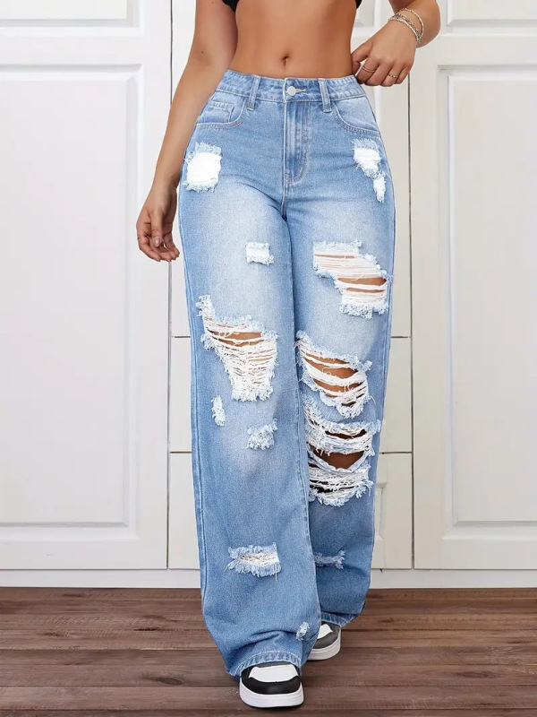欧美跨境外贸破洞牛仔裤洗水高腰直筒百搭宽松牛仔长裤女 JEANS|undefined