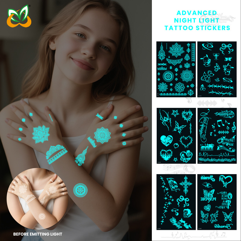 Cross-Border New Supply Blue Luminous Henna Tattoo Stickers Temporary White Blue Luminous Tattoo Arm Waterproof Stickers