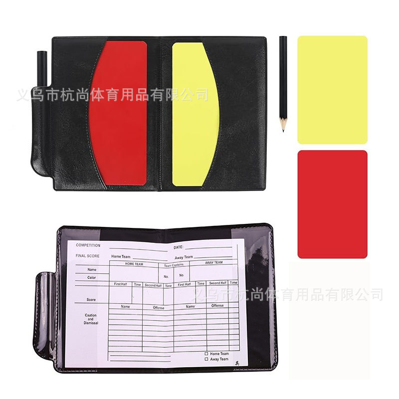 Football referee's red and yellow cards, yellow card, red card with paper, pencil, and leather case for the main referee to record penalties