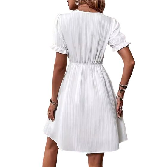 in stock new European and American jacquard v-neck lace stitching dress
