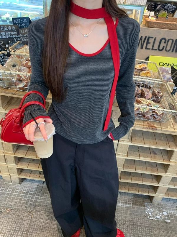 辣妹撞色围脖条纹长袖内搭打底衫女秋冬新款修身显瘦圆领别致上衣|undefined