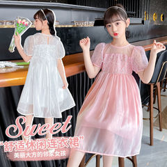 女童仙女禮服裙洋氣夏季中大童純色泡泡袖後背蝴蝶仙子公主連衣裙
