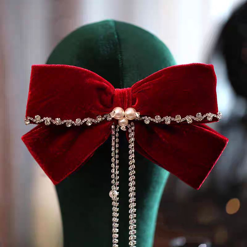 Velvet rojo gran abrazadera de cabello de arco de novia brindis de boda toque de cabeza conjunto de pendientes de compromiso de mujer temperamento de cabello