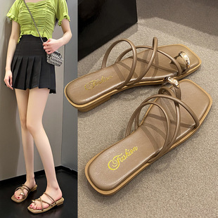 Fashionable and Simple Thin Strap Slippers for Women 2023 Spring and Summer New Square Toe Metal Buckle Korean Style Slip-On Flats Sandals