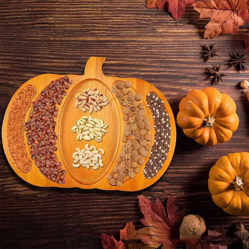 Halloween New Pumpkin-Shaped Wooden Tray Decorated Snack Candy Tray Kidsren's Compartmentalized Food Tray Cake Tray