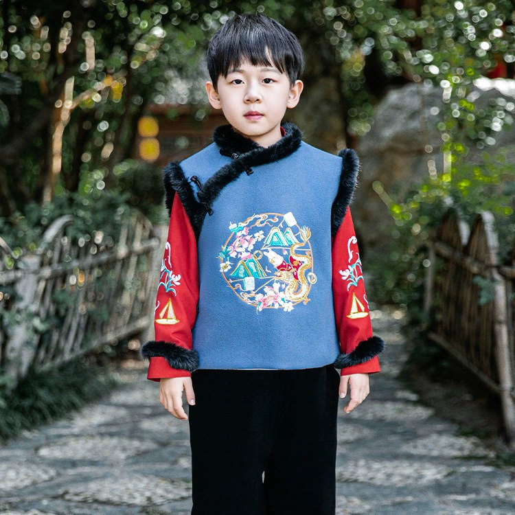 Костюм Тан для мальчиков Hanfu 2024, новая осенне-зимняя хлопковая подкладка, Детская Праздничная Новогодняя одежда для мальчиков, костюм