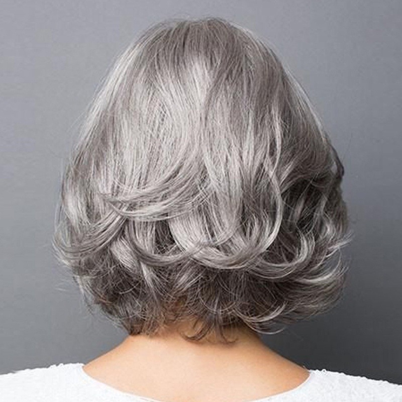 外国貿易ウィッグヨーロッパとアメリカの女性中高年母親の髪シルバーグレーショートカーリーヘアふわふわリアルボボヘッドショートヘア|undefined
