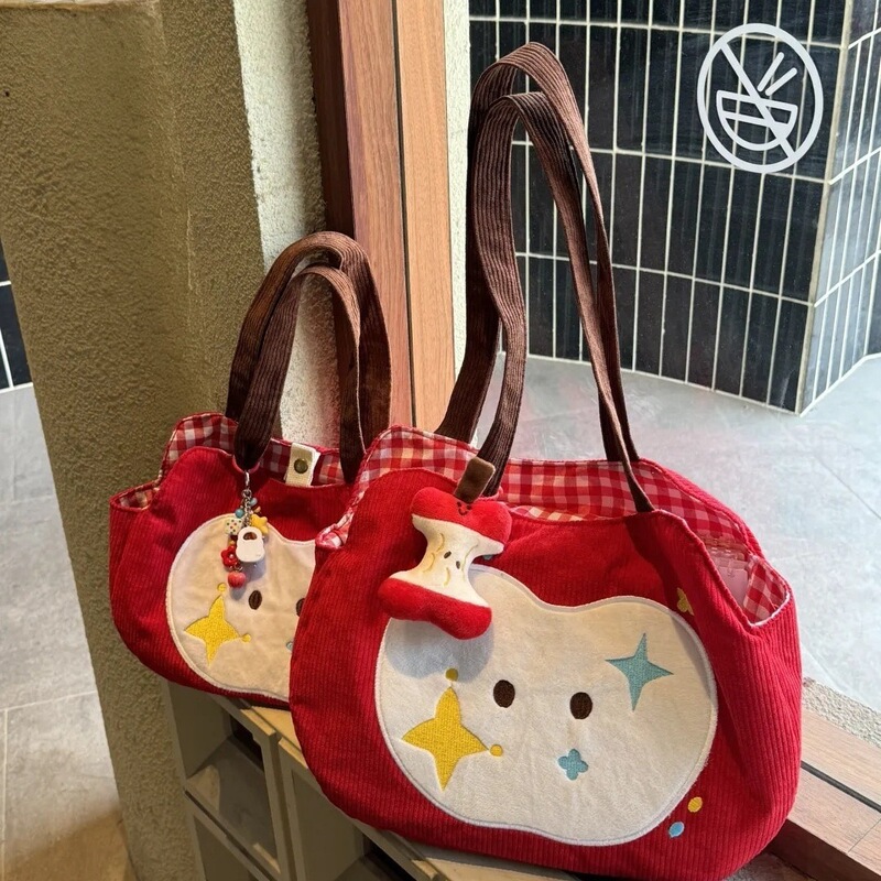 Autumn and winter New Year cute mini red corduroy apple handbag with snap button, apple mini handbag 050