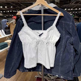 BM风 美式复古白色花边v领仙女暗纹系带上衣女蕾丝边收腰吊带背心