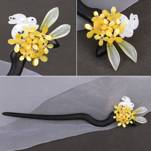 Zhao Liying's same style hairpin, ancient style osmanthus and jade rabbit hairpin, new Chinese style retro updo hair wooden hairpin headdress for women wholesale