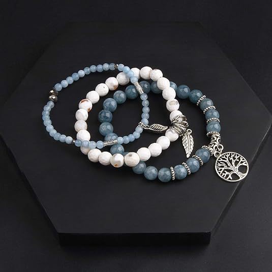 Bracelet bohème pour femme avec pendentif en forme de plume et arbre de vie, orné de perles turquoise._voghion.com