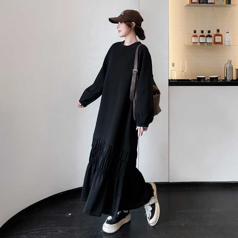 2025 New Autumn and Winter Korean Style Large Size Loose and Long Spliced Pleated Skirt Long-Sleeved Thickeneded Dress 2025 New Autumn and Winter Korean Style Large Size Loose and Long Spliced Pleated Skirt Long-Sleeved Thickeneded Dress