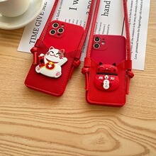 适用苹果16手机壳iPhone12/11背带挂绳13斜挎招财猫新年款卡包15